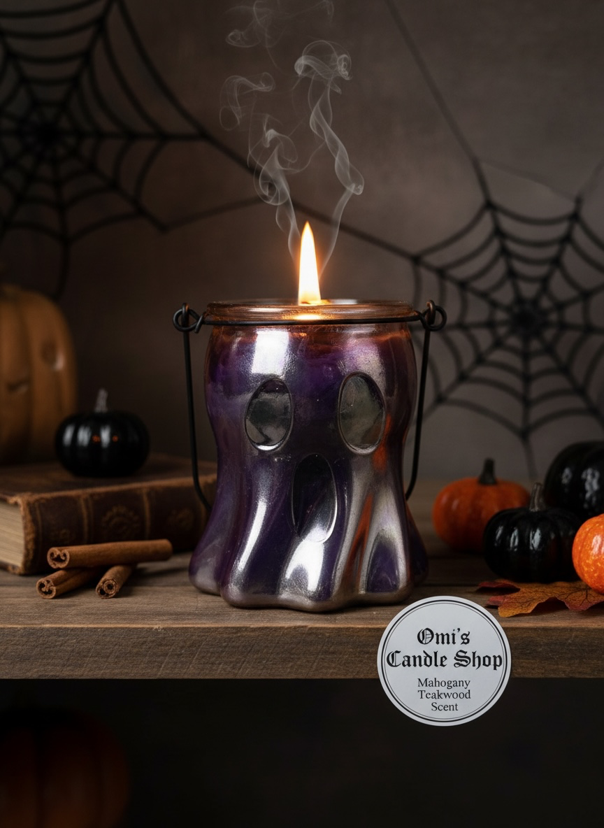 Omi's Candle Shop Halloween Ghost Candle Mahogany Teakwood Scented Long Lasting Burn Time Perfect Halloween Decoration home decor holidays