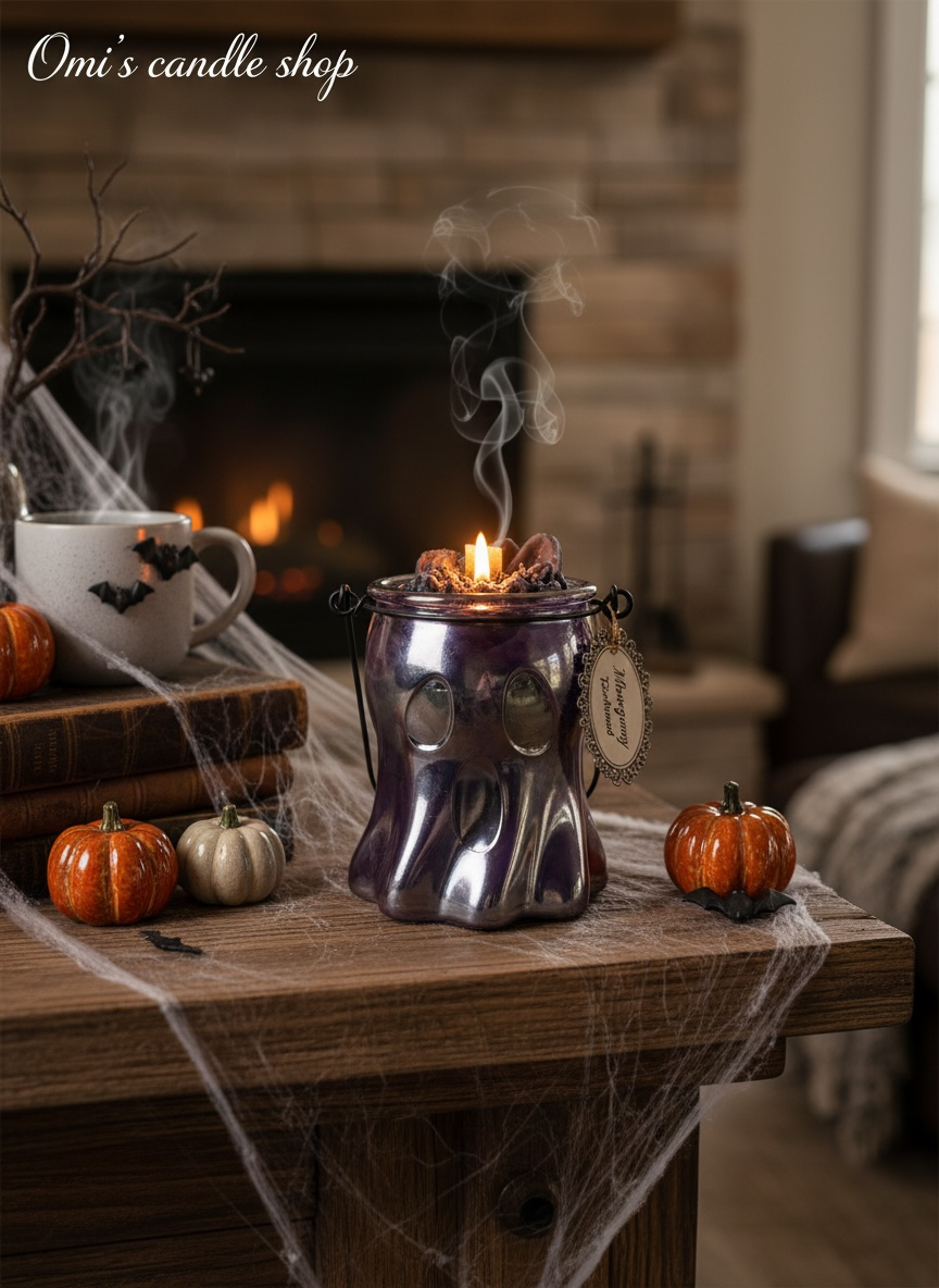 Omi's Candle Shop Halloween Ghost Candle Mahogany Teakwood Scented Long Lasting Burn Time Perfect Halloween Decoration home decor holidays