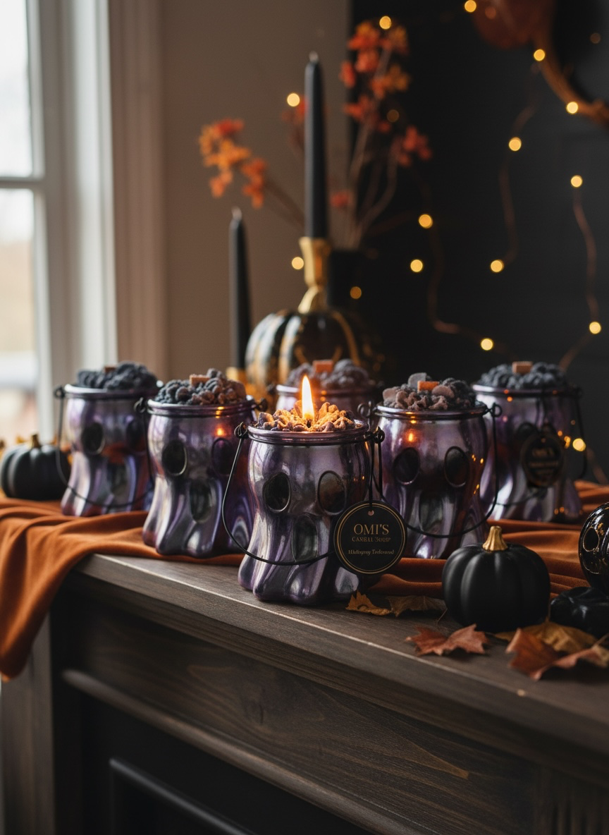 Omi's Candle Shop Halloween Ghost Candle Mahogany Teakwood Scented Long Lasting Burn Time Perfect Halloween Decoration home decor holidays