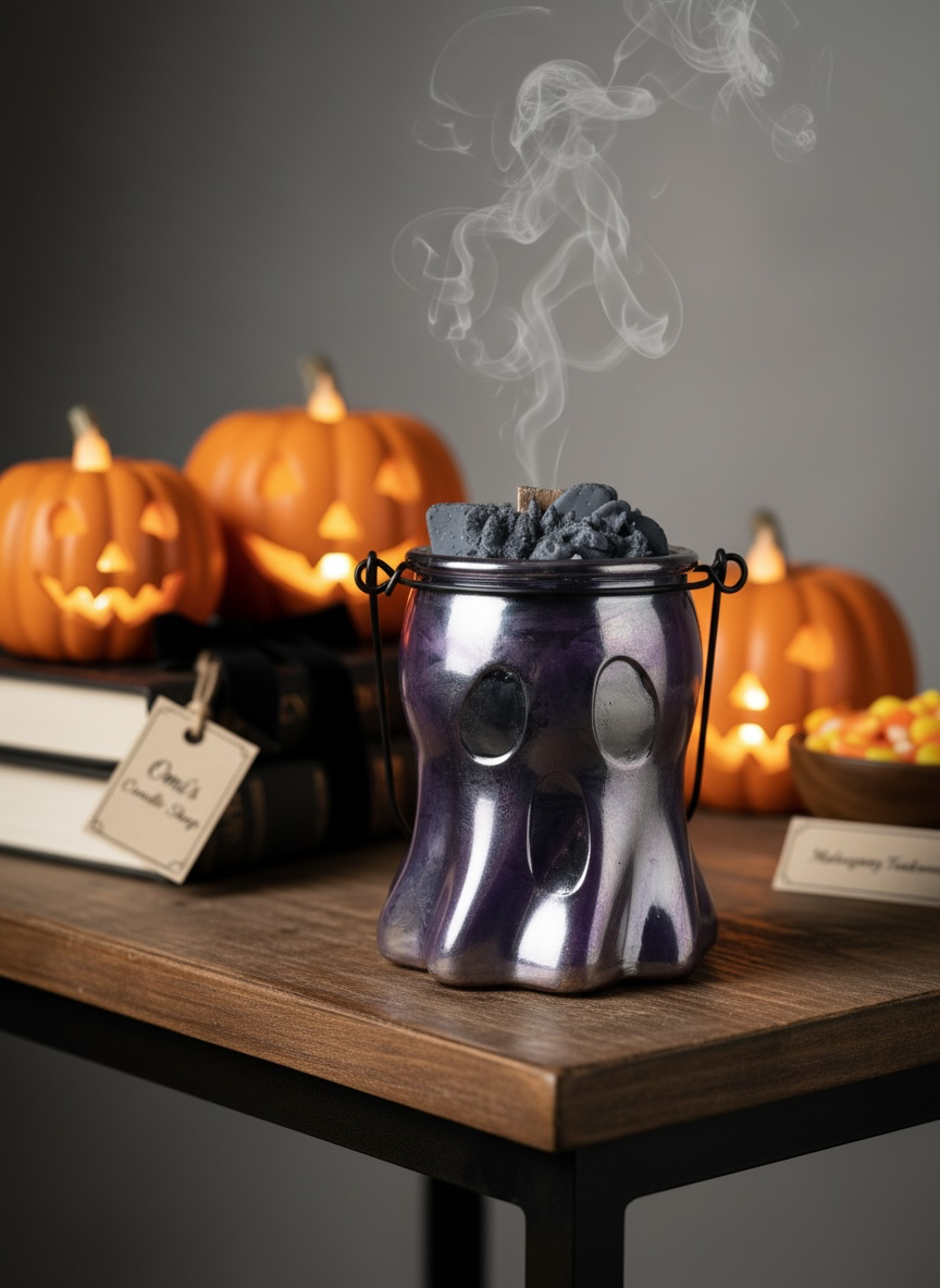 Omi's Candle Shop Halloween Ghost Candle Mahogany Teakwood Scented Long Lasting Burn Time Perfect Halloween Decoration home decor holidays