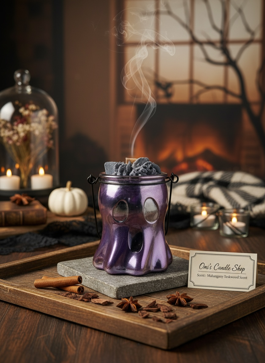 Omi's Candle Shop Halloween Ghost Candle Mahogany Teakwood Scented Long Lasting Burn Time Perfect Halloween Decoration home decor holidays